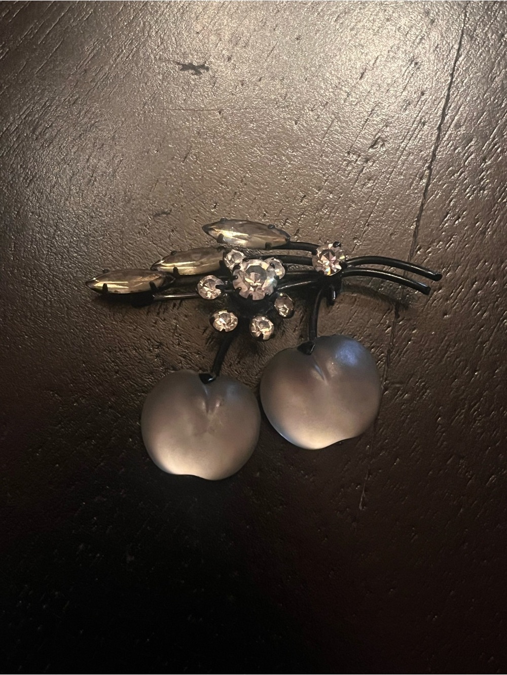 Vintage Clear Austria Cherry Fruit Brooch Black Metal